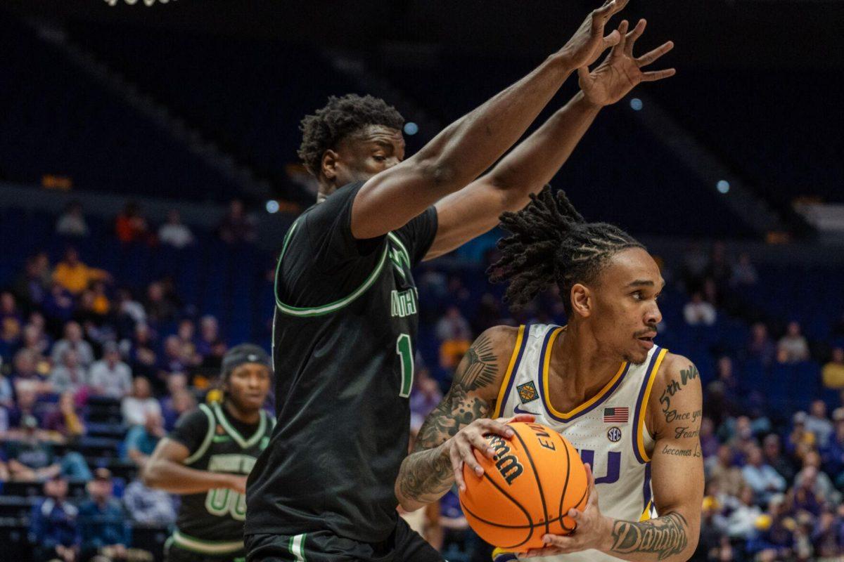 LSU men&#8217;s basketball sophomore forward Tyrell Ward (15) looks back Tuesday, March 19, 2024, during LSU&#8217;s 84-77 loss to the University of North Texas at the PMAC in Baton Rouge, La.