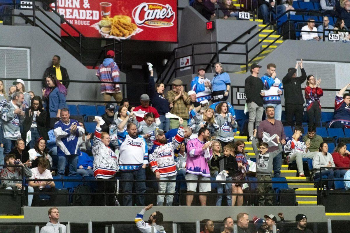 Baton Rouge Zydeco hockey fans cheer after a goal Thursday, Feb. 29, 2024, during Zydeco's 5-3 win against the Carolina Thunderbirds at the Raising Canes River Center in Baton Rouge, La.