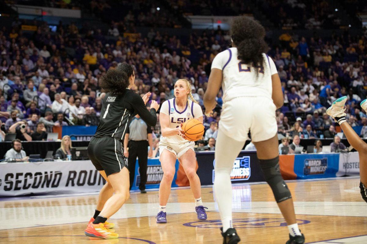 LSU women&#8217;s basketball graduate student guard Hailey Van Lith (11) looks toward the goal Friday, March 22, 2024, during LSU&#8217;s 70-60 first-round NCAA March Madness tournament victory against Rice at the Pete Maravich Center in Baton Rouge, La.