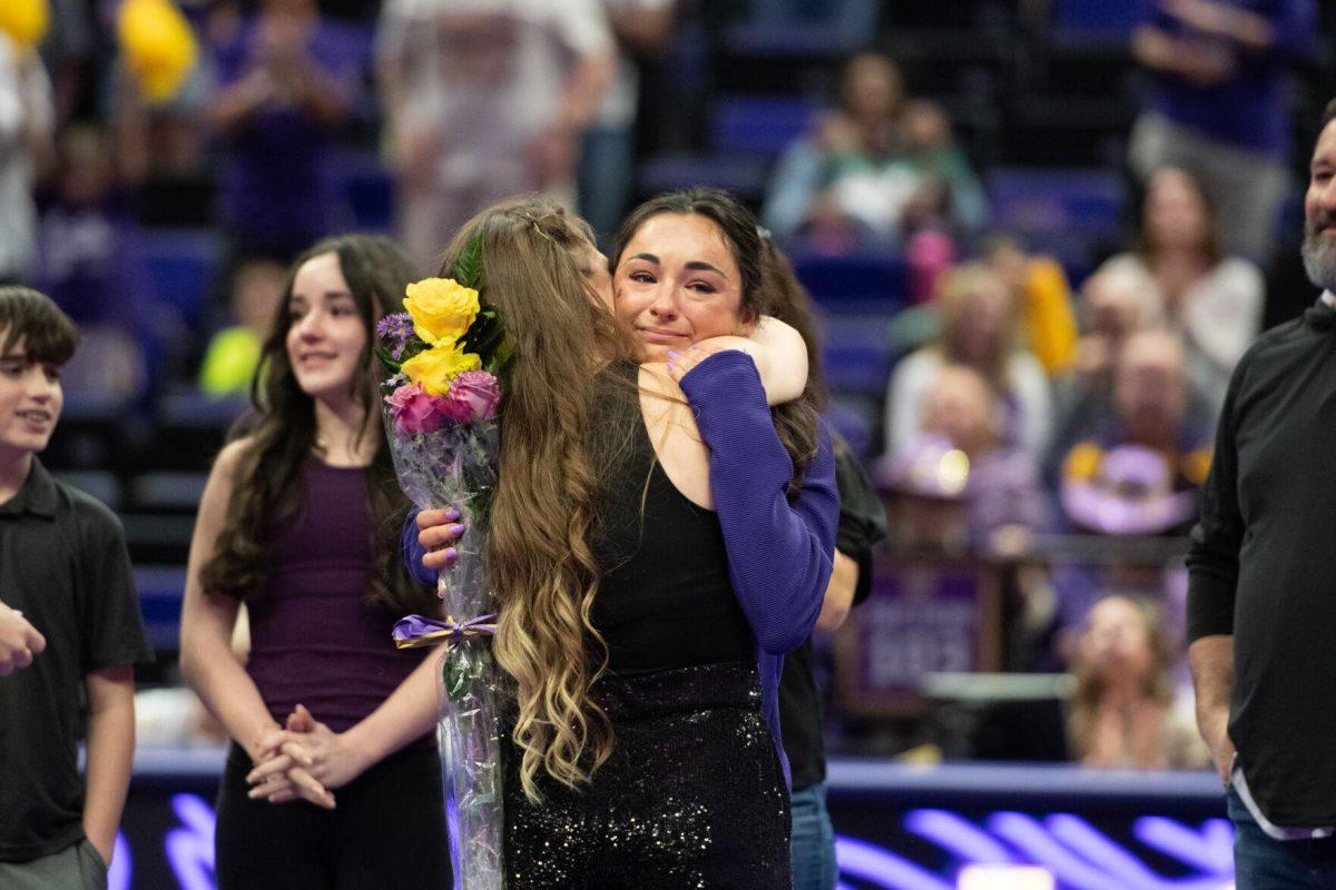 LSU gymnastics senior all-around Elena Arenas cries during the senior presentations Friday, March 15, 2024, after LSU's 198.250-196.075 win against North Carolina at the Pete Maravich Assembly Center in Baton Rouge, La.