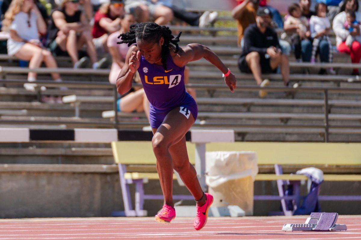 LSU track and field sprints junior Garriel White bursts out the blocks Saturday, March 23, 2024, during the Keyth Talley Invitational at the Bernie Moore Track Stadium in Baton Rouge, La.