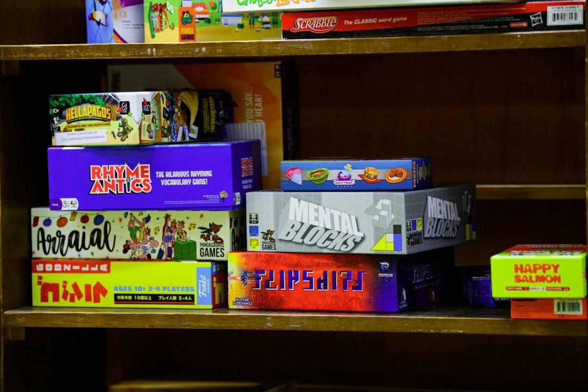 Board games fill the shelves on Thursday, March 7, 2024, in the relaxation room in the LSU Library in Baton Rouge, La.