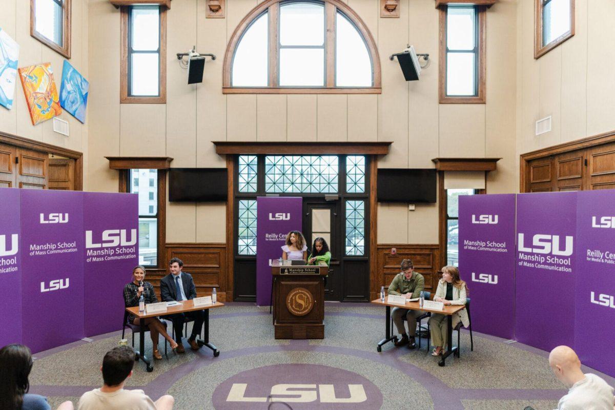 The two campaigns for student body president and vice president sit for a debate Monday, March 18, 2024, inside the Holliday Forum at LSU in Baton Rouge, La.