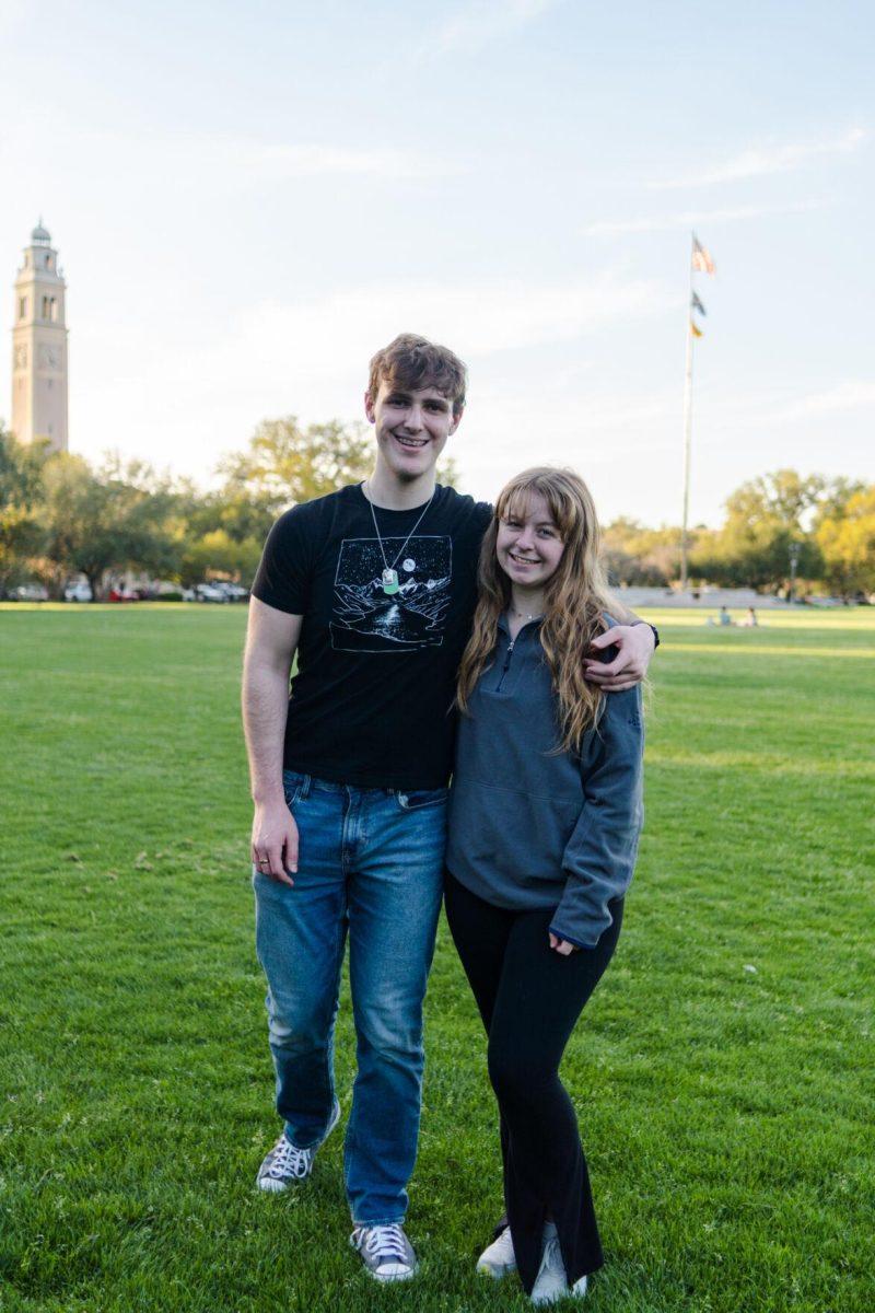 LSU mass communication junior Sydney Smith and political science junior John Michael Sweat pose for a photo Wednesday, March 6, 2024, on the LSU Parade Ground in Baton Rouge, La.