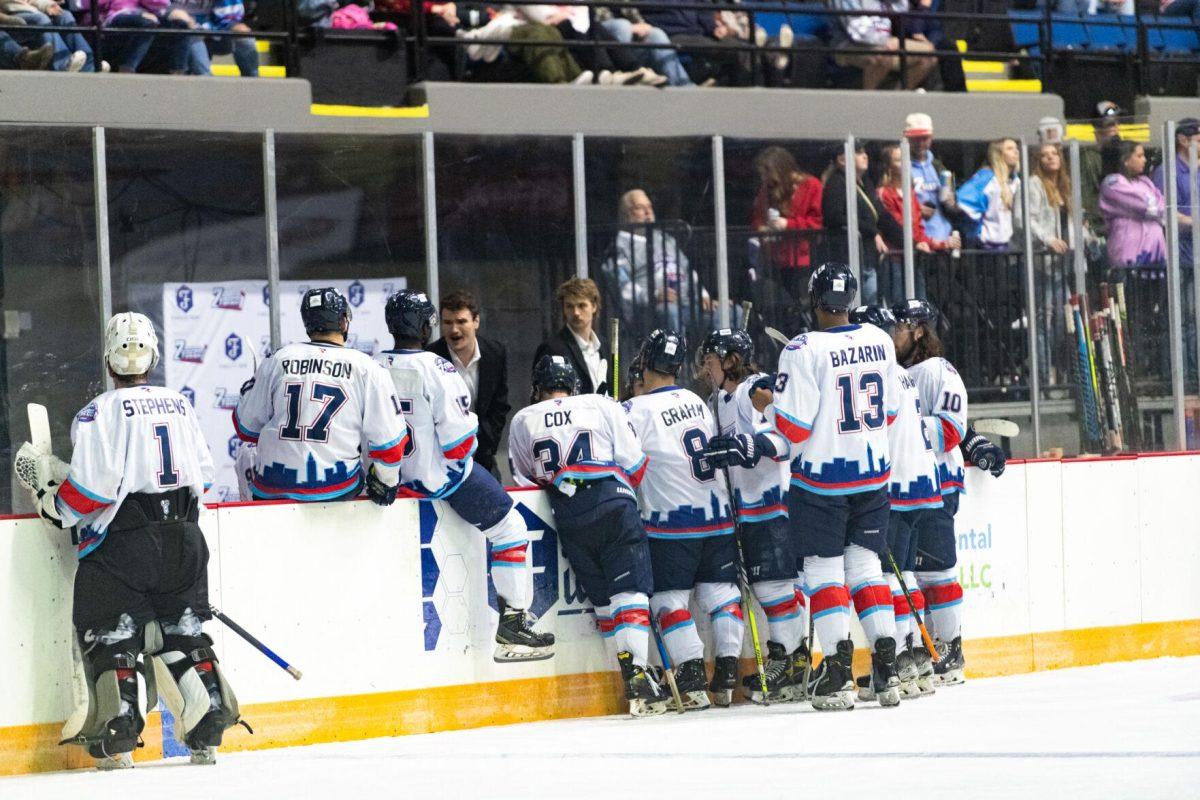 Baton Rouge Zydeco hockey players convene at timeout Thursday, Feb. 29, 2024, during Zydeco's 5-3 win against the Carolina Thunderbirds at the Raising Canes River Center in Baton Rouge, La.