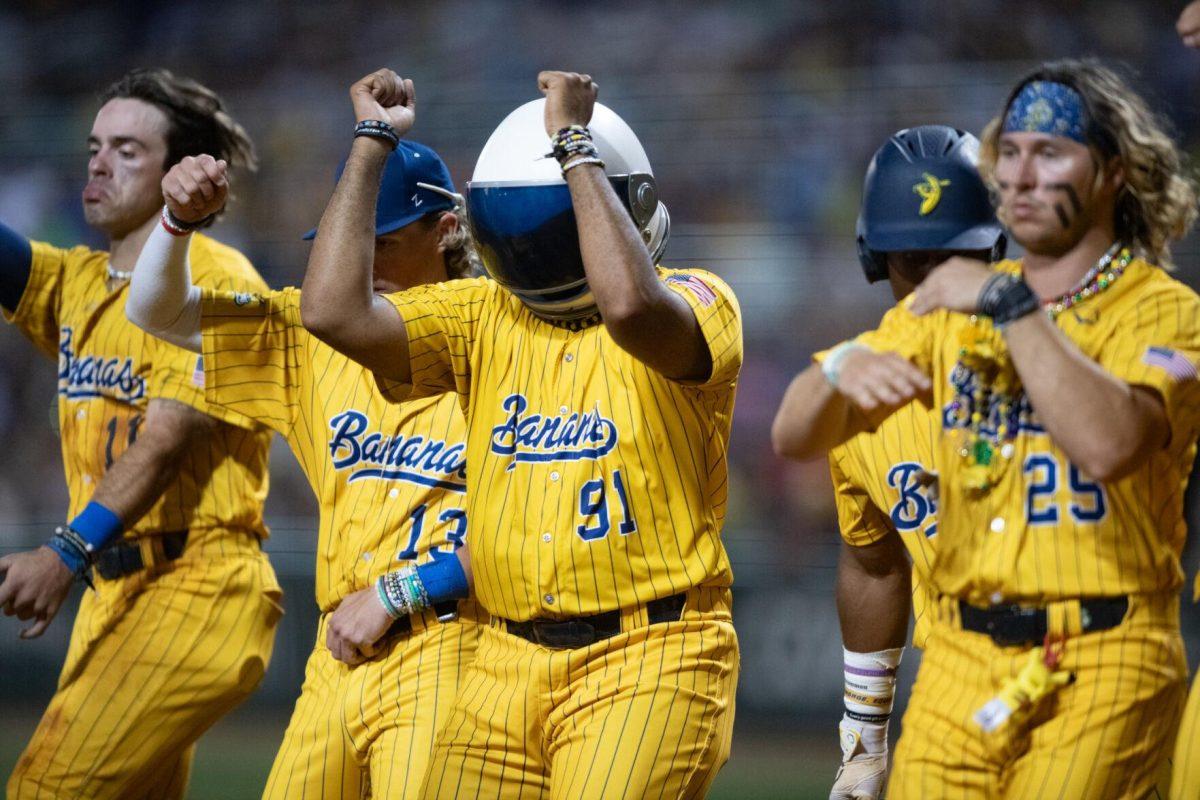 Savannah Bananas pitcher DJ Roberts (91) dances Thursday, March 14, 2024, during the Savannah Bananas 5-4 loss to the Party Animals during their world tour stop at Alex Box Stadium in Baton Rouge, La.