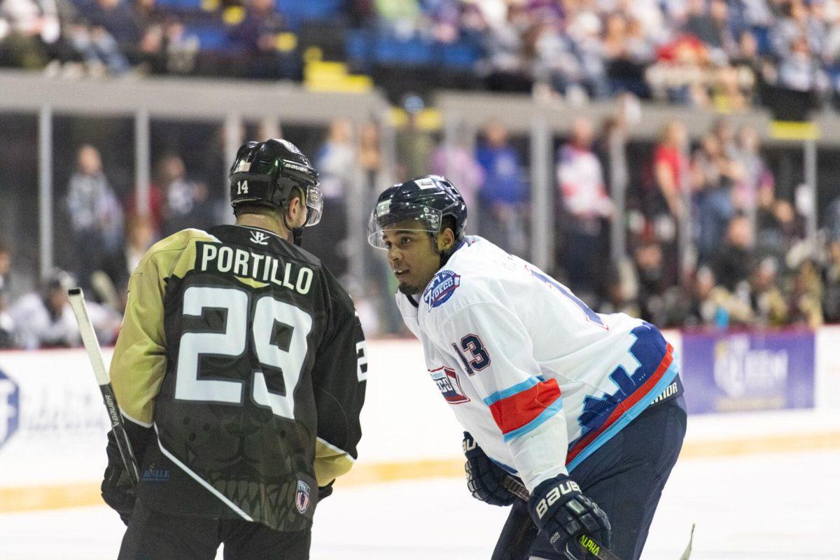 Baton Rouge Zydeco hockey forward rookie Matthew Bazarin (13) talks with an opponent Thursday, Feb. 29, 2024, during Zydeco's 5-3 win against the Carolina Thunderbirds at the Raising Canes River Center in Baton Rouge, La.