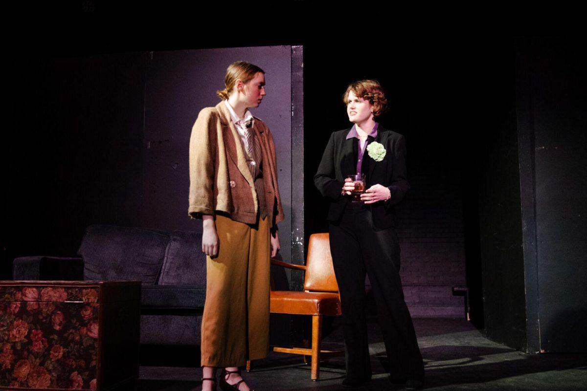 Younger Nick Carraway (Emily Pounds) speaks with Jane Gatsby (Ava Russell) in a production of Yearning Sunday, March 3, 2024, in Coates Hall on LSU's campus.