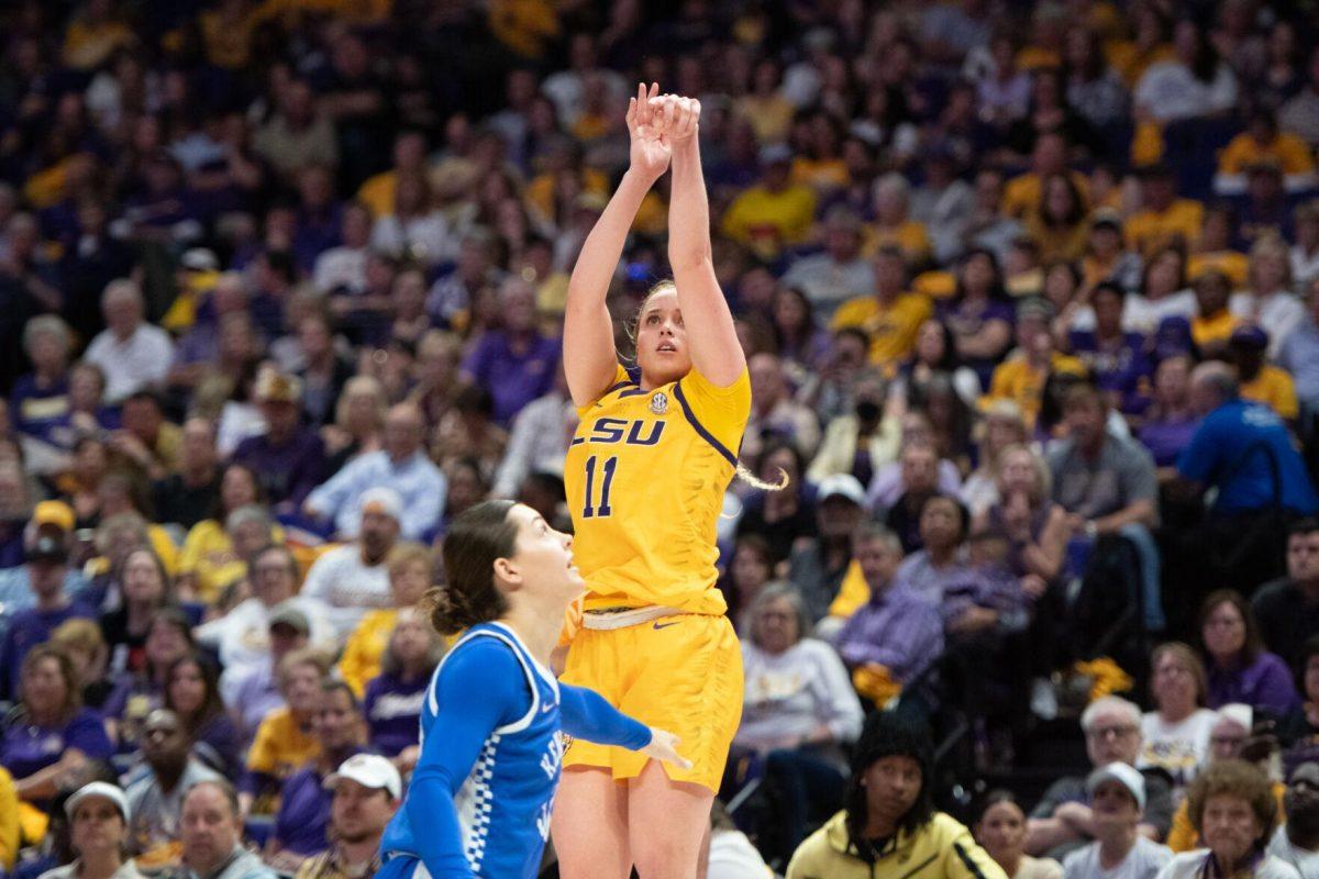 LSU women's basketball graduate student guard Hailey Van Lith (11) shoots Sunday, March 3, 2024, during LSU&#8217;s 77-56 win against Kentucky at the Pete Maravich Assembly Center in Baton Rouge, La.