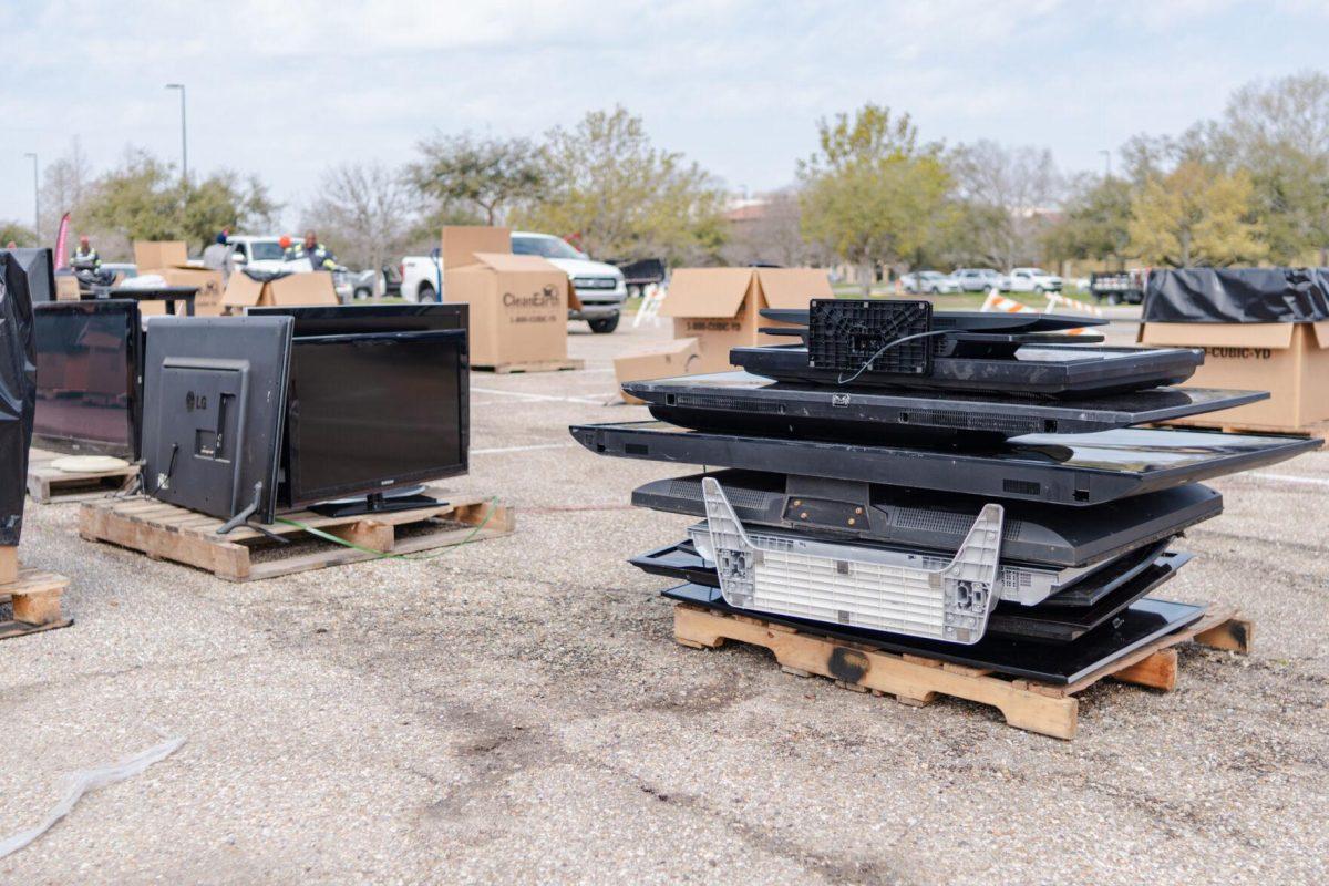 Televisions sit in a stack Saturday, March 2, 2024, at the Household Hazardous Materials Collection Day on LSU's campus in Baton Rouge, La.