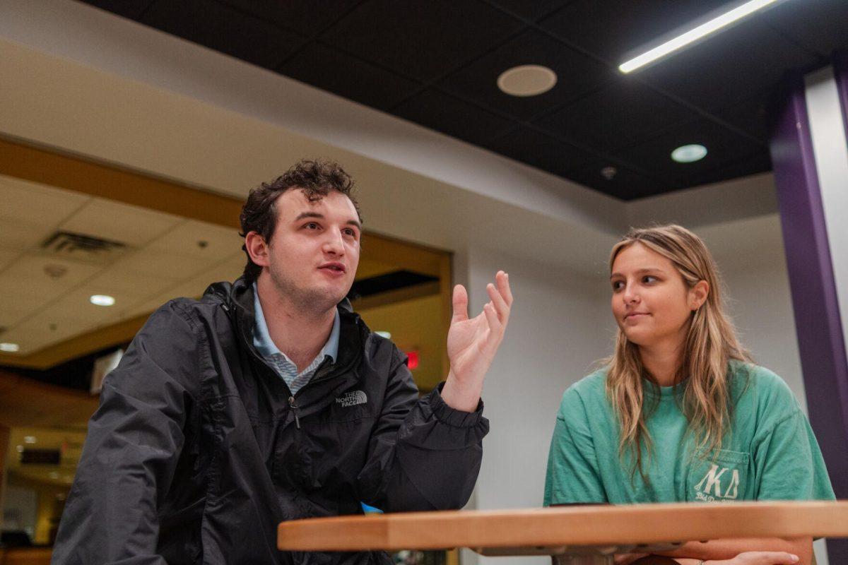 LSU sophomores Joseph Liberto and Amelia Carman answer interview questions Friday, March 8, 2024, inside the LSU Student Union in Baton Rouge, La.