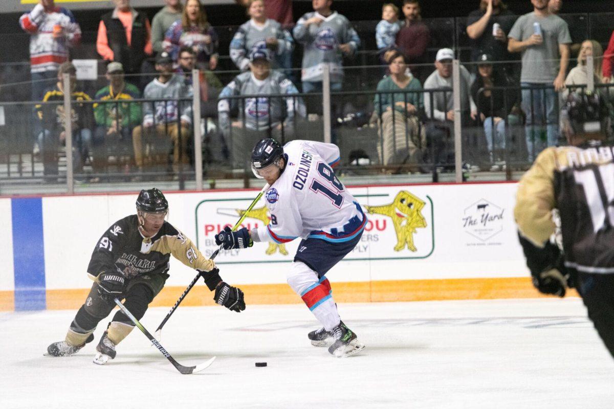 Baton Rouge Zydeco hockey veteran defenseman Edgars Ozolinsh (18) goes for the puck Thursday, Feb. 29, 2024, during Zydeco's 5-3 win against the Carolina Thunderbirds at the Raising Canes River Center in Baton Rouge, La.