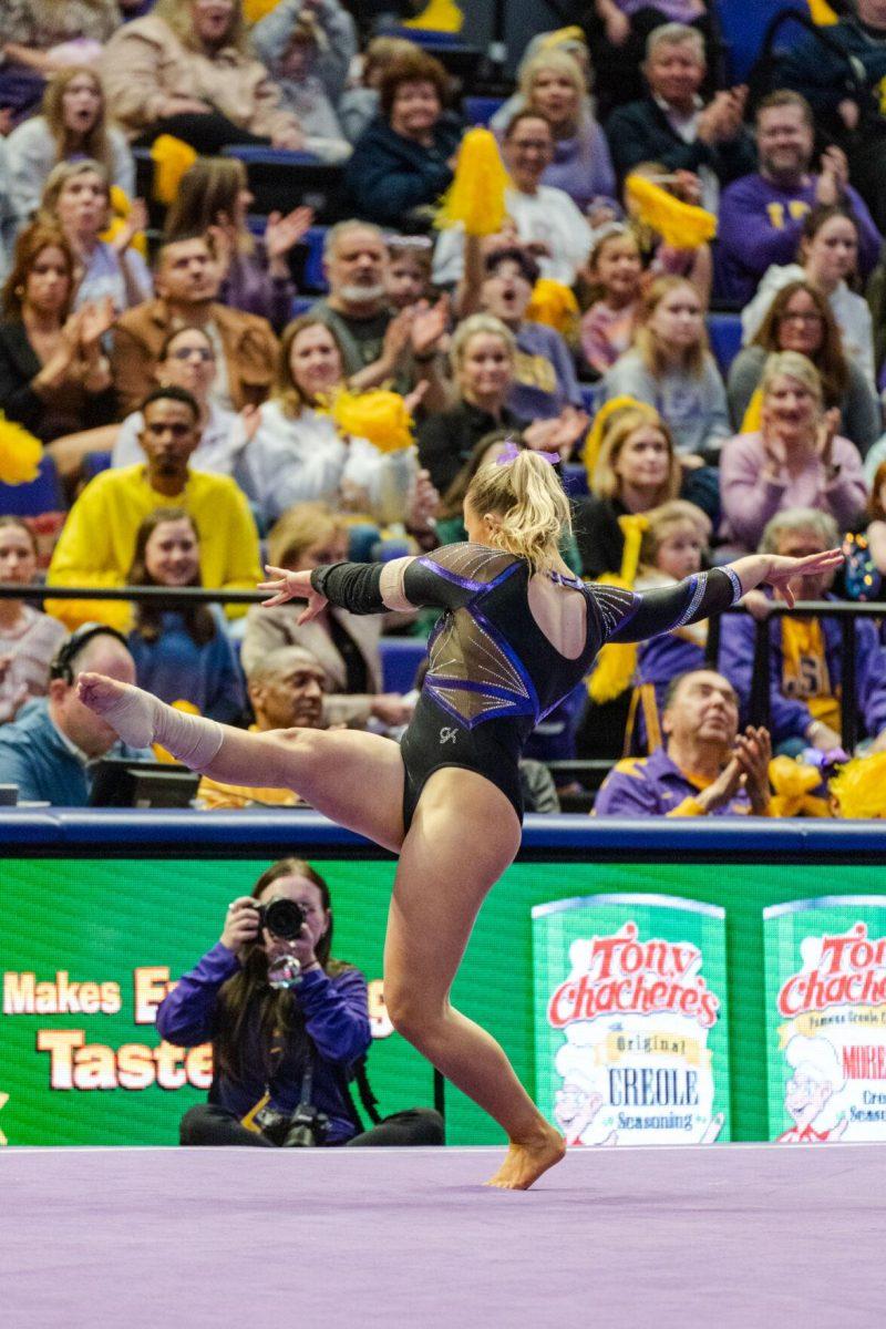 LSU gymnastics vault/balance beam/floor exercise graduate student Sierra Ballard poses Friday, March 1, 2024, during LSU&#8217;s 198.325-197.325 win against Alabama in the Pete Maravich Assembly Center in Baton Rouge, La.