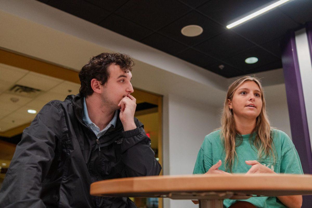 LSU sophomores Joseph Liberto and Amelia Carman answer interview questions Friday, March 8, 2024, inside the LSU Student Union in Baton Rouge, La.