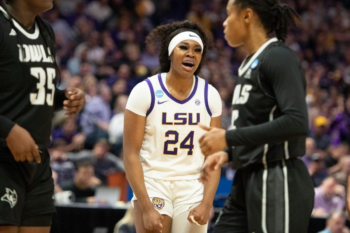 LSU women&#8217;s basketball junior guard Aneesah Morrow (24) celebrates Friday, March 22, 2024, during LSU&#8217;s 70-60 first-round NCAA March Madness tournament victory against Rice at the Pete Maravich Center in Baton Rouge, La.