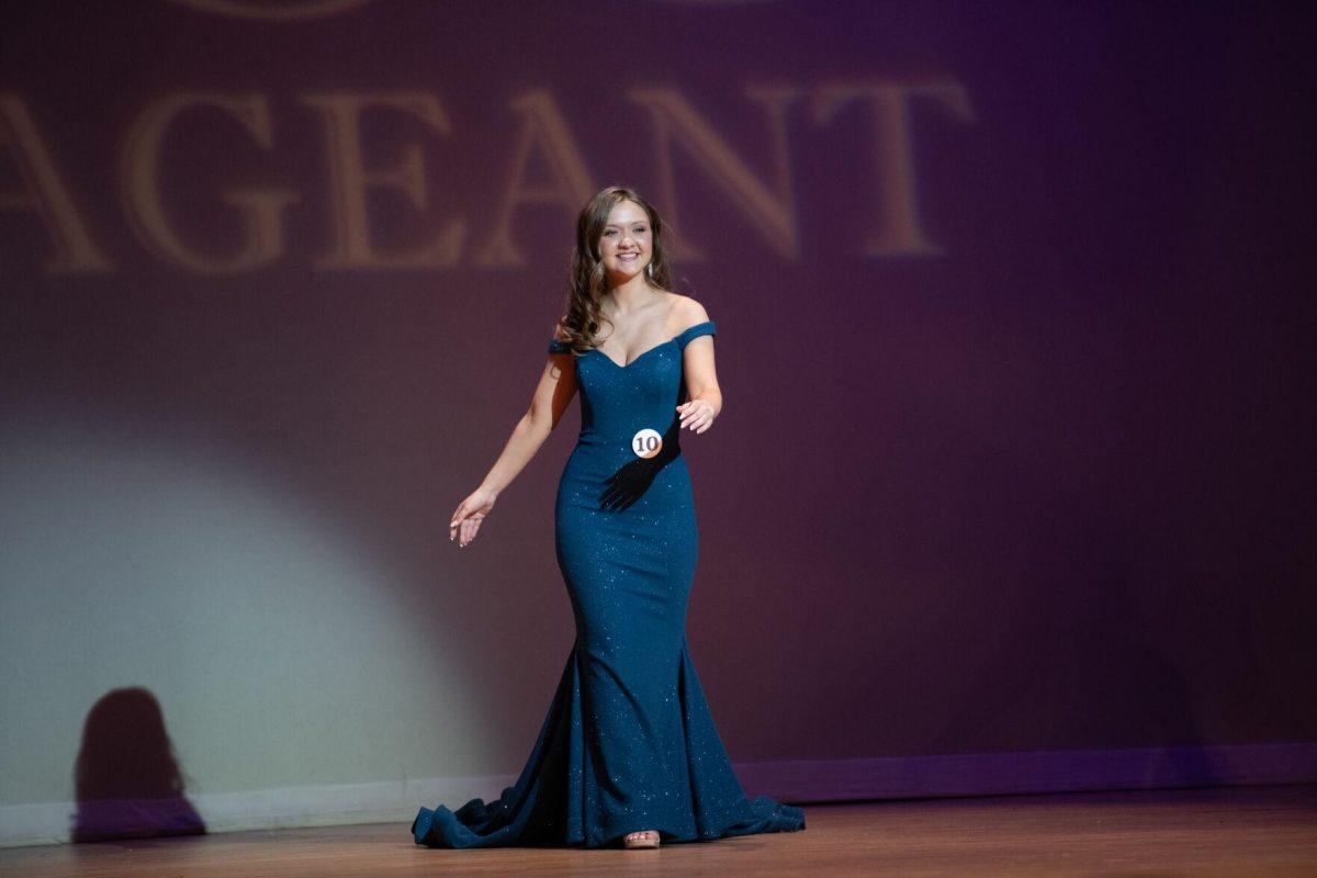 LSU history and secondary education sophomore Katherine Roemershauser sparkles in her evening gown Sunday, March 24, 2024, during Delta Zeta's Miss LSU 2024 Pageant in the Union Theater in Baton Rouge, La.