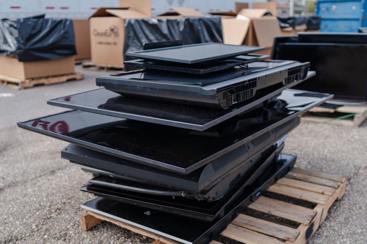 Televisions sit in a stack Saturday, March 2, 2024, at the Household Hazardous Materials Collection Day on LSU's campus in Baton Rouge, La.