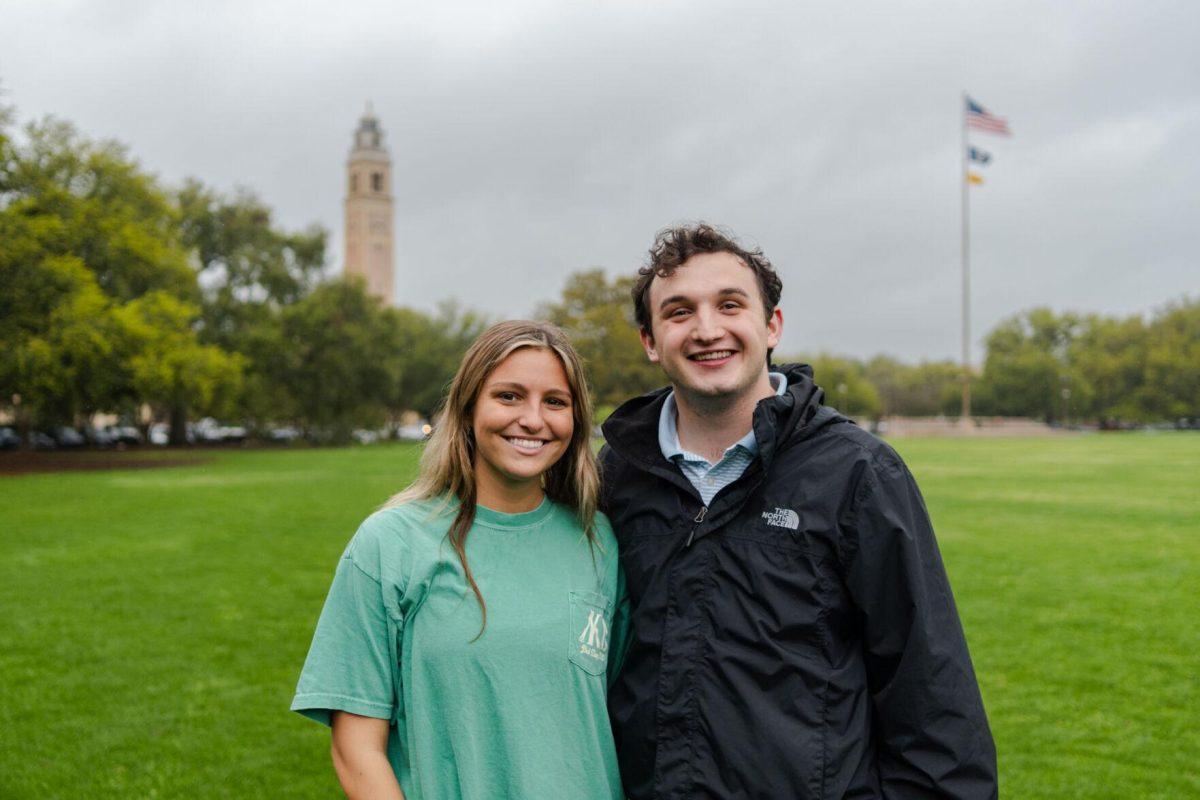 LSU sophomores Amelia Carman and Joseph Liberto pose for a photo Friday, March 8, 2024, on the LSU Parade Ground in Baton Rouge, La.