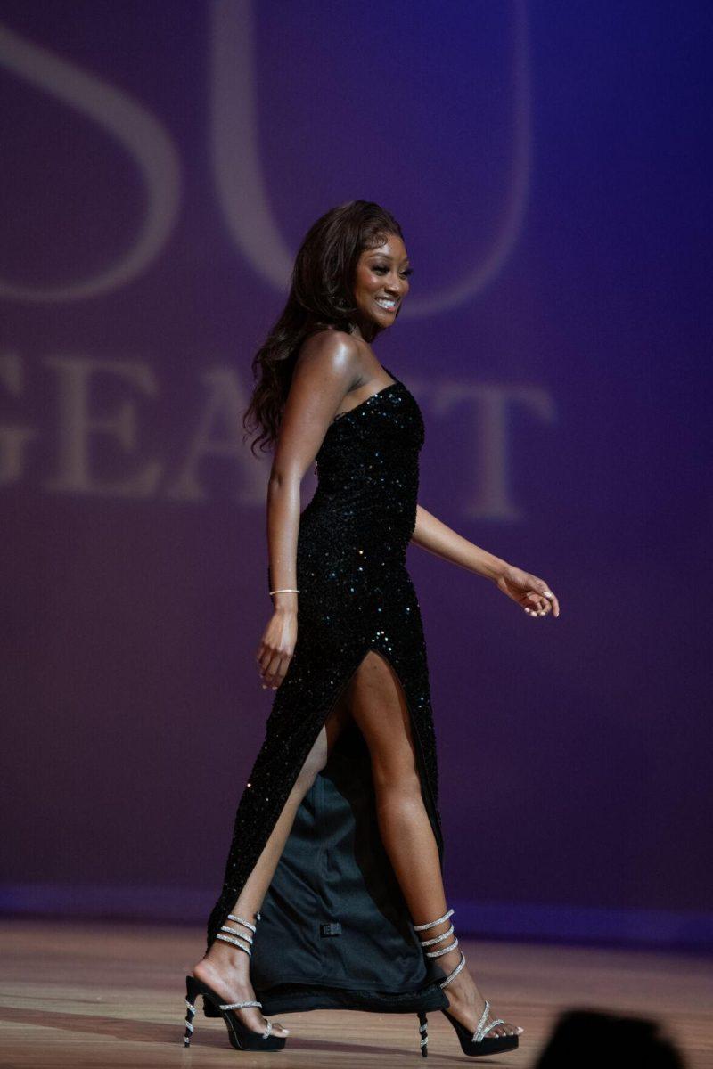 LSU human development and family science senior Nana Agyeman struts Sunday, March 24, 2024, before winning Miss Congeniality during Delta Zeta's Miss LSU 2024 Pageant in the Union Theater in Baton Rouge, La.