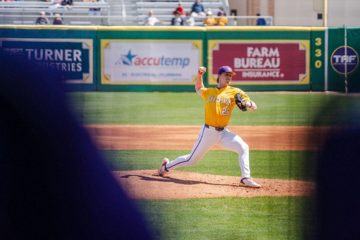 LSU baseball junior pitcher Thatcher Hurd (26) throws the ball Sunday, March 10, 2024, during LSU's 2-1 loss to Xavier in Alex Box Stadium in Baton Rouge, La.