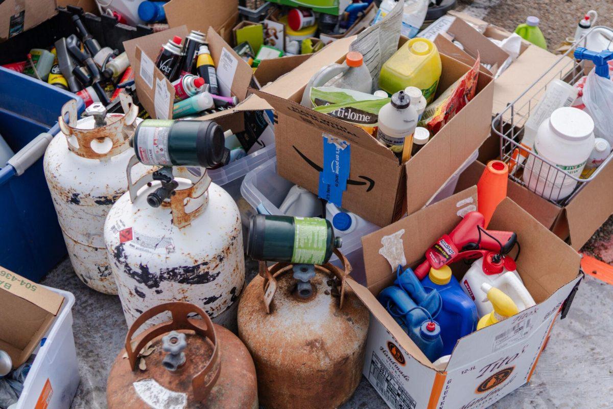 A number of containers sit together Saturday, March 2, 2024, at the Household Hazardous Materials Collection Day on LSU's campus in Baton Rouge, La.