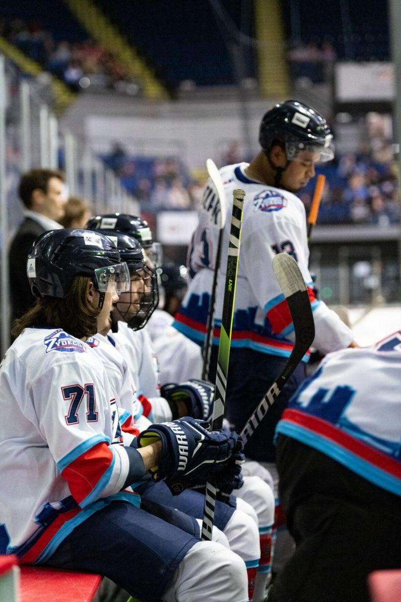 Baton Rouge Zydeco hockey players sit on their bench Thursday, Feb. 29, 2024, during Zydeco's 5-3 win against the Carolina Thunderbirds at the Raising Canes River Center in Baton Rouge, La.