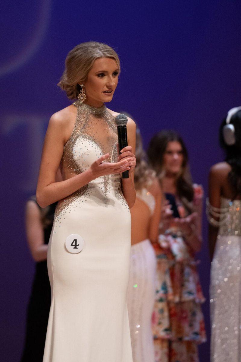 LSU first-year law student Jillian Coco answers the on-stage question Sunday, March 24, 2024, during Delta Zeta's Miss LSU 2024 Pageant in the Union Theater in Baton Rouge, La.