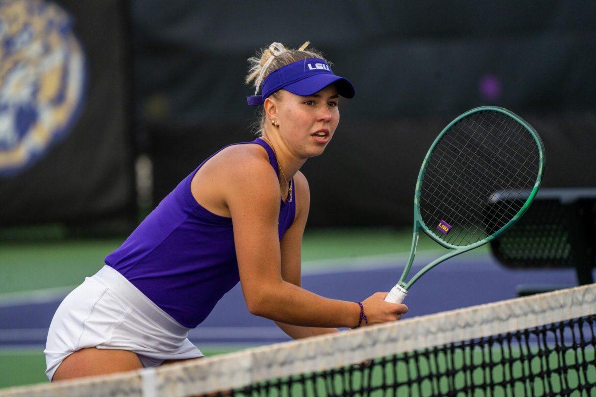 LSU women's tennis junior Anita Sahdiieva readys at the net during her match&#160;against ULM Sunday, March 3, 2024, at the LSU Tennis Complex on Gourrier Avenue in Baton Rouge, La.