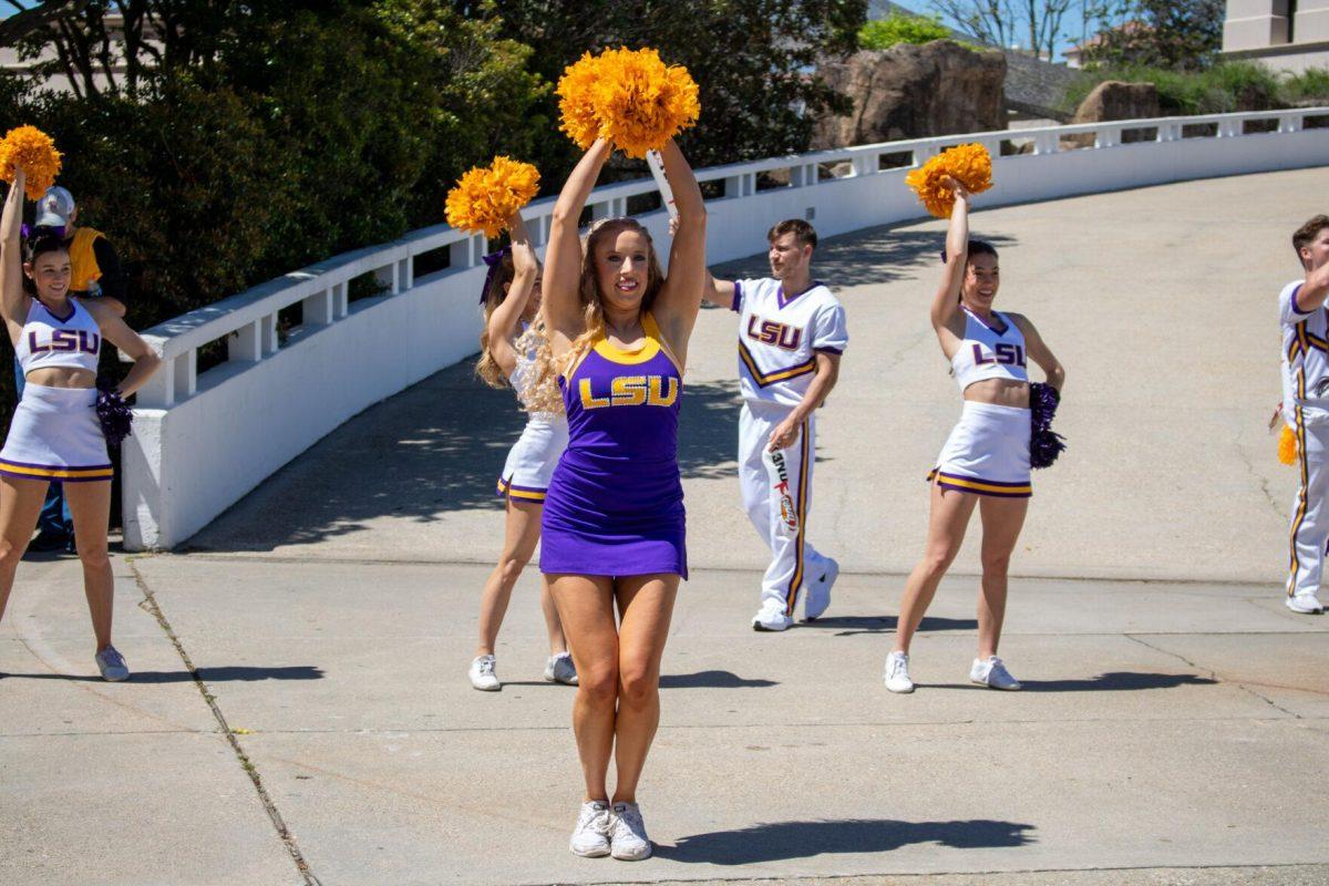 LSU cheerleaders and tiger girls dance at the Sweet Sixteen Sendoff Thursday, March 28, 2024, outside the Pete Maravich Assembly Center, in Baton Rouge, La.