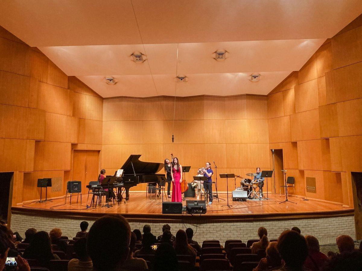 Sabina Martinez (piano), Elise Allen (bass), Livy Best (bass), Rylee Cote (vocals), Anna Murrill (drums) perform Friday, March 1, 2024, at the LSU Music building in Baton Rouge, La.