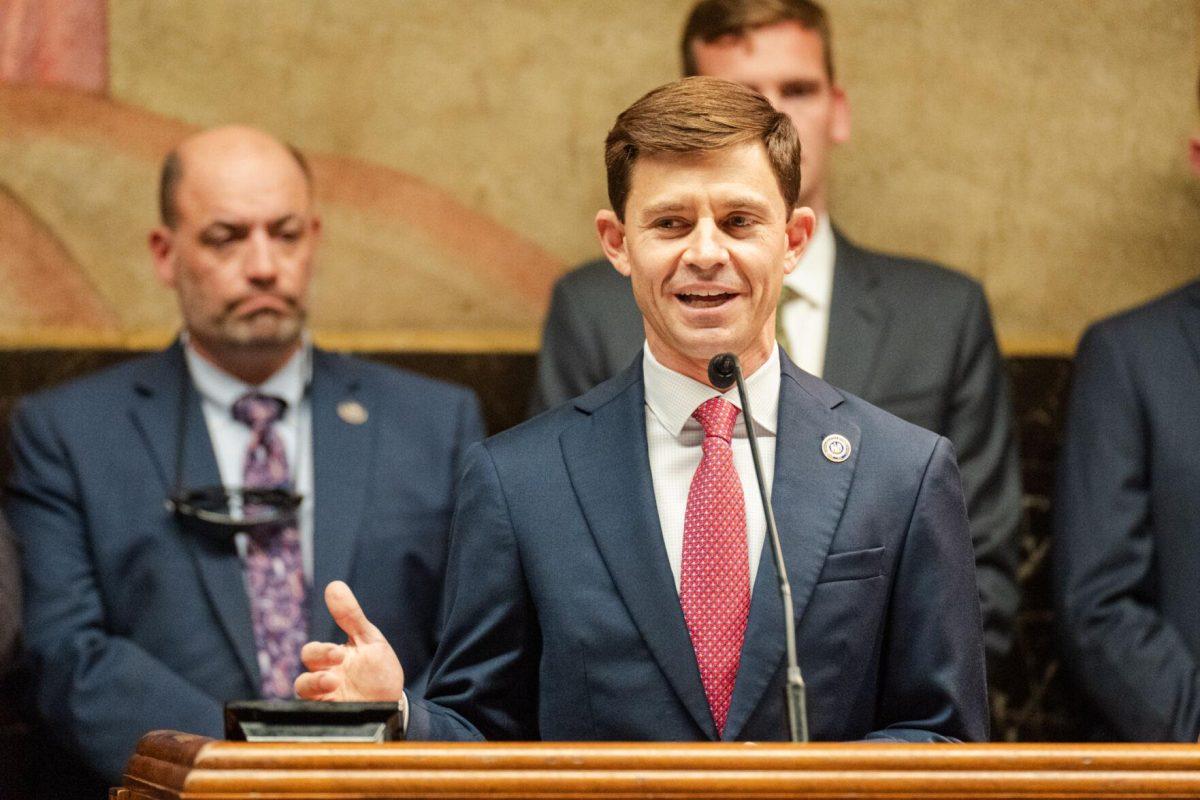 Louisiana Coastal Protection and Restortation Authority Executive Director Glenn Ledet Jr. speaks at the podium Monday, March 25, 2024, during Coastal Day 2024 at the State Capitol in Baton Rouge, La.