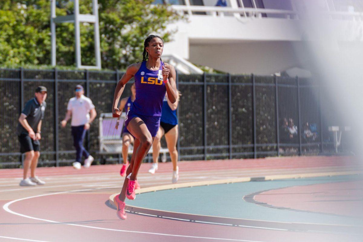 LSU track and field distance junior Michaela Rose rounds the final bend in the 600m Saturday, March 23, 2024, during the Keyth Talley Invitational at the Bernie Moore Track Stadium in Baton Rouge, La.