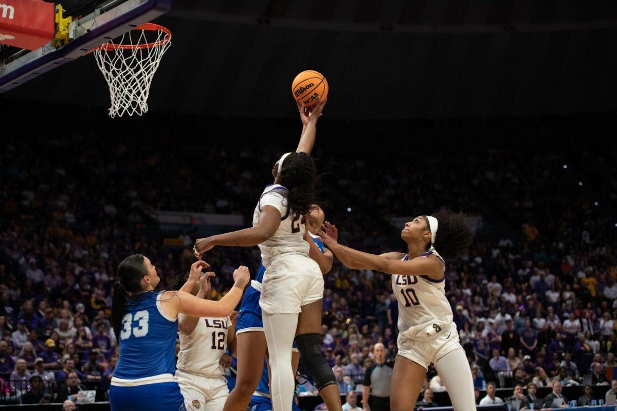 LSU women&#8217;s basketball junior guard Aneesah Morrow (24) grabs a rebound Sunday, March 24, 2024, during LSU&#8217;s 83-56 second-round NCAA tournament win against Middle Tennessee at the Pete Maravich Center in Baton Rouge, La.