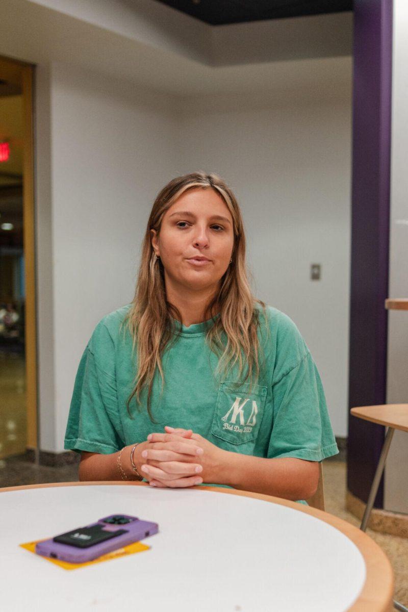 LSU sophomore Amelia Carman answers an interview question Friday, March 8, 2024, inside the LSU Student Union in Baton Rouge, La.