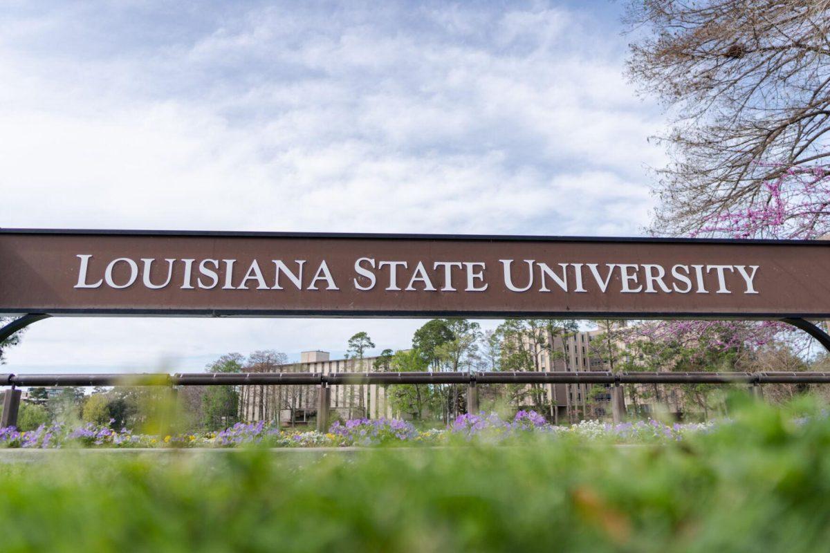 The Louisiana State University sign stands Sunday, March 10, 2024, on South Stadium Drive in Baton Rouge, La.