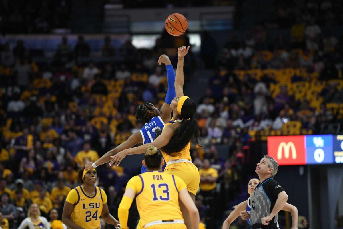 <p>LSU women’s basketball junior forward Angel Reese (10) tips off Sunday, March 3, 2024, during LSU’s 77-56 win against Kentucky at the Pete Maravich Assembly Center in Baton Rouge, La.</p>