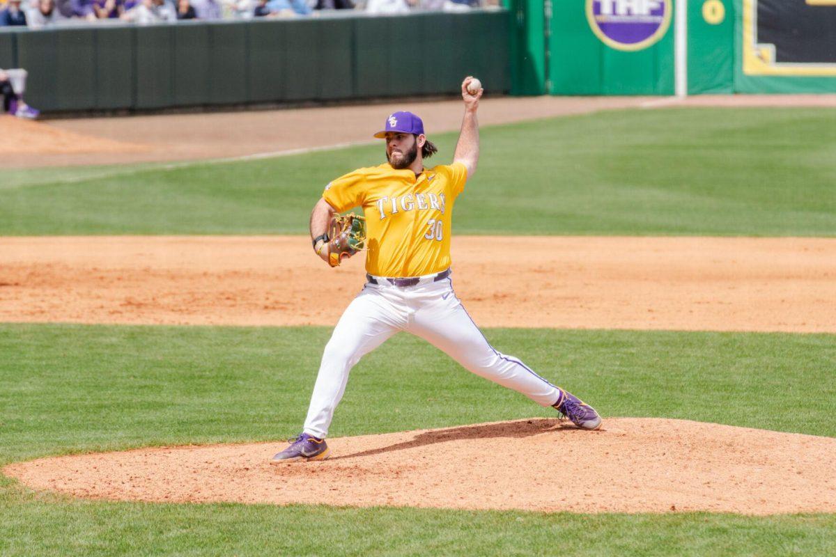 LSU baseball senior pitcher Nate Ackenhausen (3) throws the ball Sunday, March 10, 2024, during LSU's 2-1 loss to Xavier in Alex Box Stadium in Baton Rouge, La.