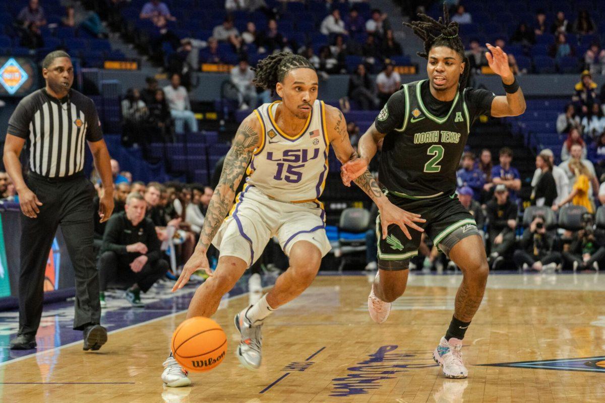 LSU men&#8217;s basketball sophomore forward Tyrell Ward (15) dribbles the ball Tuesday, March 19, 2024, during LSU&#8217;s 84-77 loss to the University of North Texas at the PMAC in Baton Rouge, La.