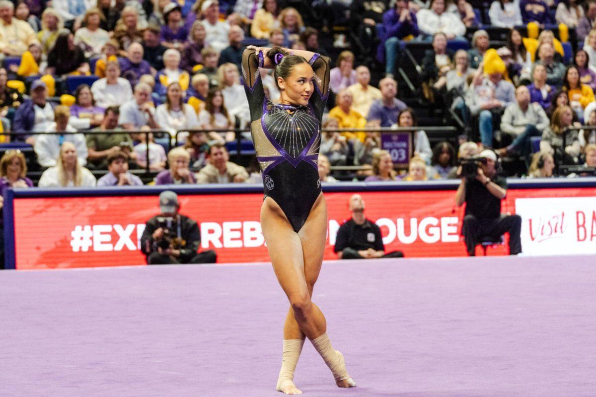 LSU gymnastics all-around junior Aleah Finnegan poses Friday, March 1, 2024, during LSU&#8217;s 198.325-197.325 win against Alabama in the Pete Maravich Assembly Center in Baton Rouge, La.