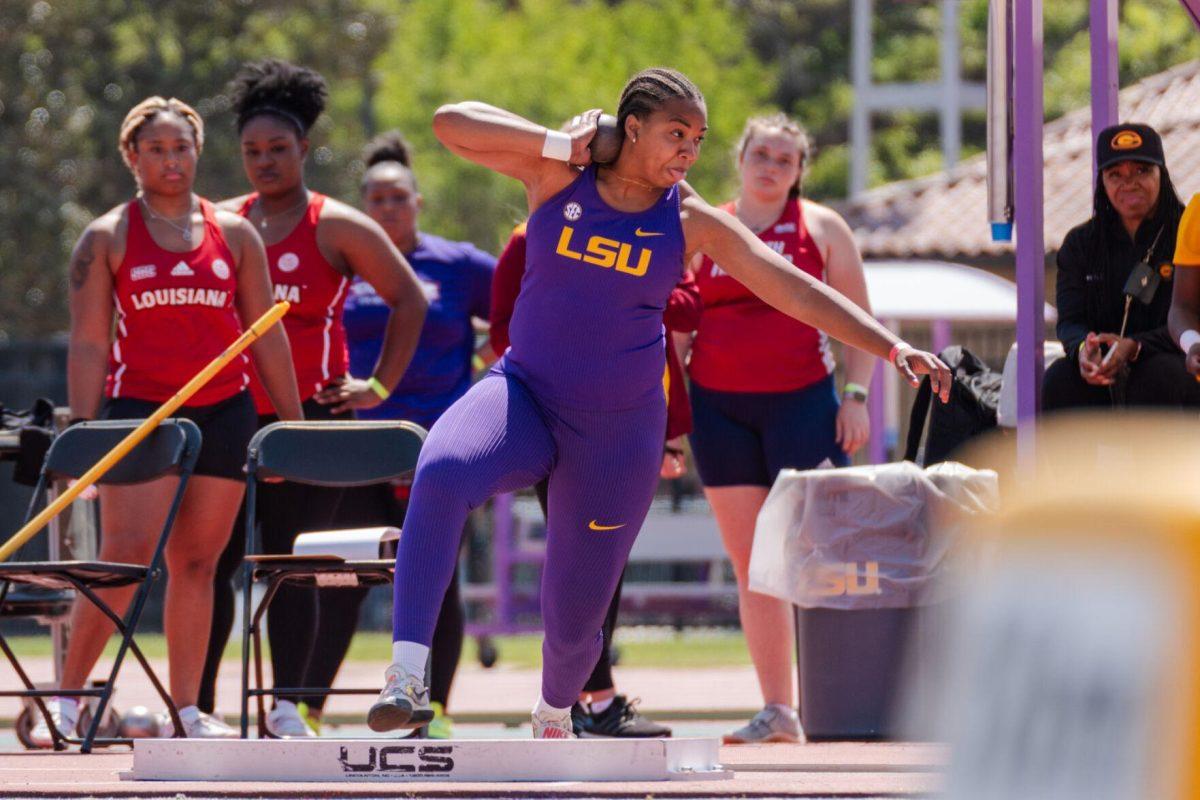 LSU track and field throws freshman Ambria Langley competes in shot put Saturday, March 23, 2024, during the Keyth Talley Invitational at the Bernie Moore Track Stadium in Baton Rouge, La.