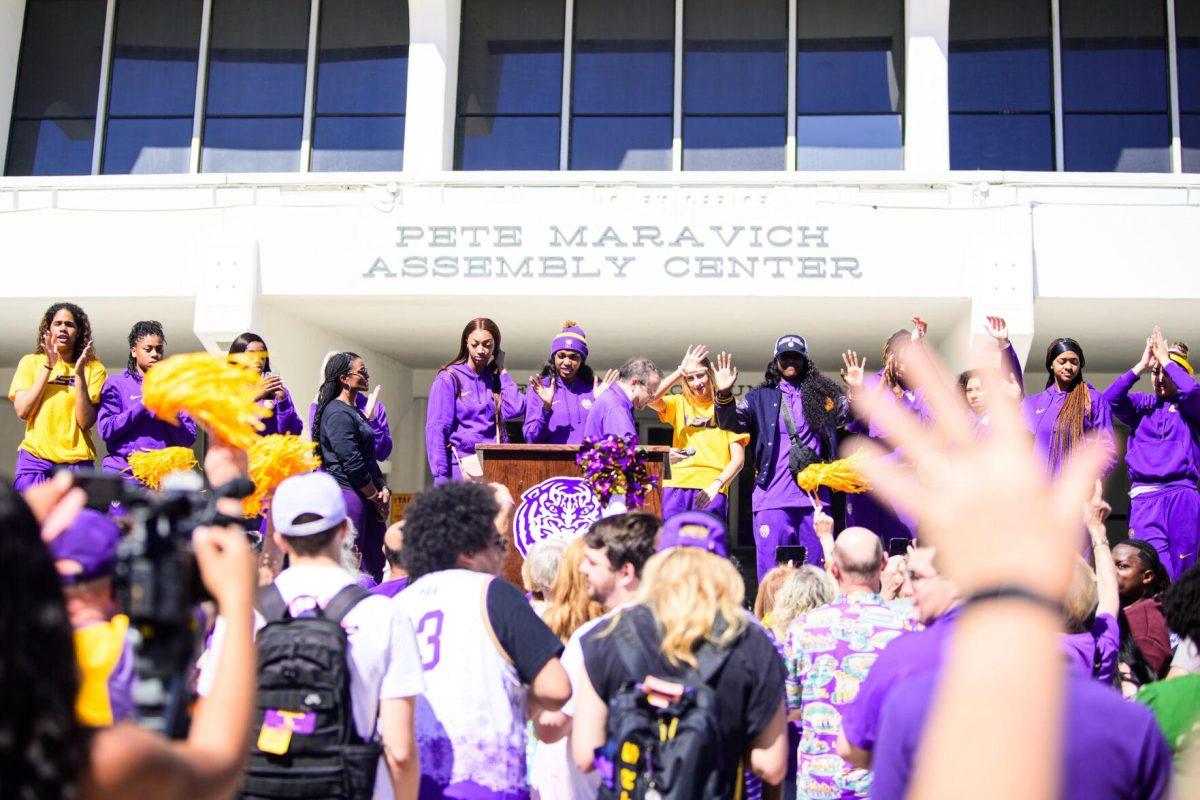 Fans wave goodbye on Wednesday, March 6, 2024, during LSU women&#8217;s basketball&#8217;s send off at the Pete Maravich Assembly Center in Baton Rouge, La.