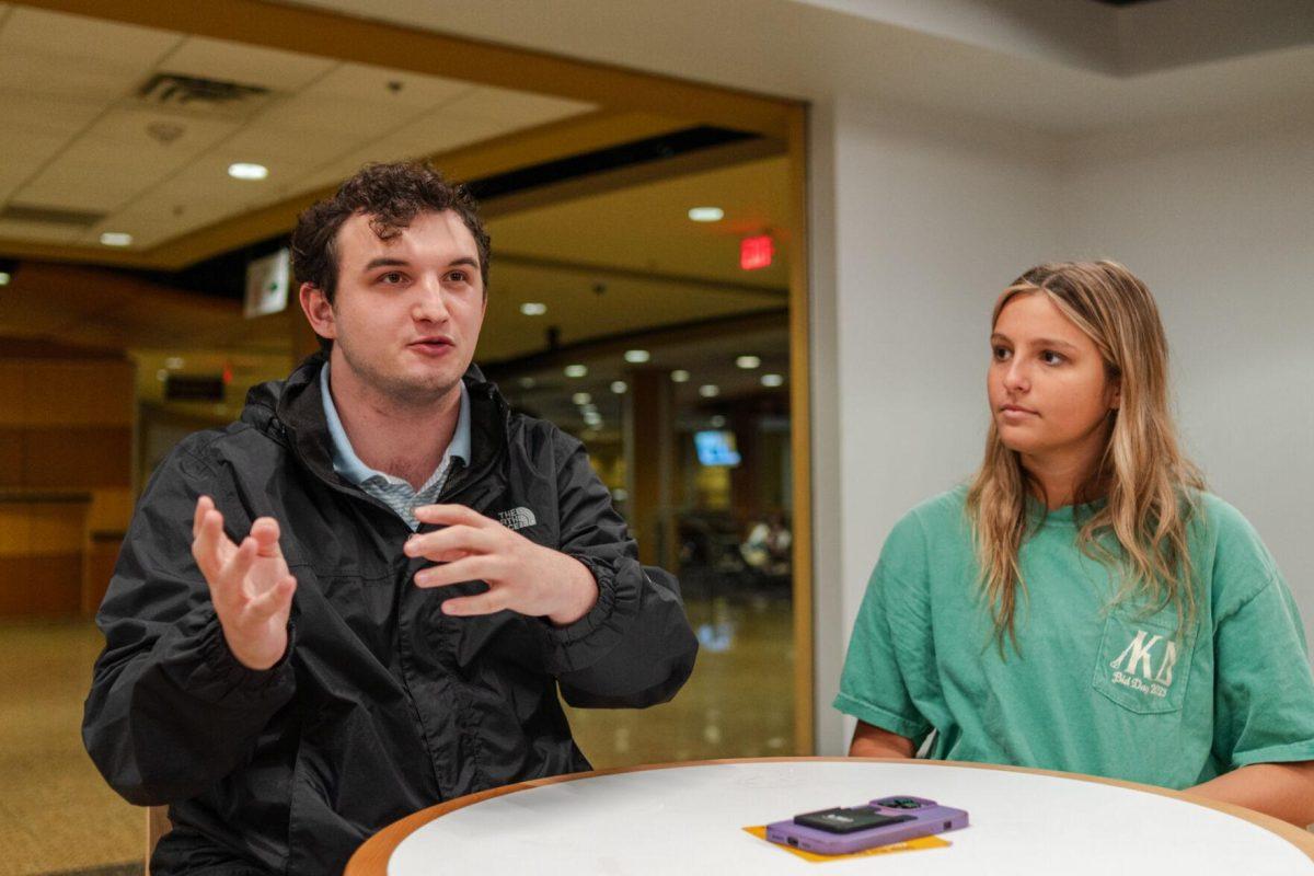 LSU sophomores Joseph Liberto and Amelia Carman answer interview questions Friday, March 8, 2024, inside the LSU Student Union in Baton Rouge, La.