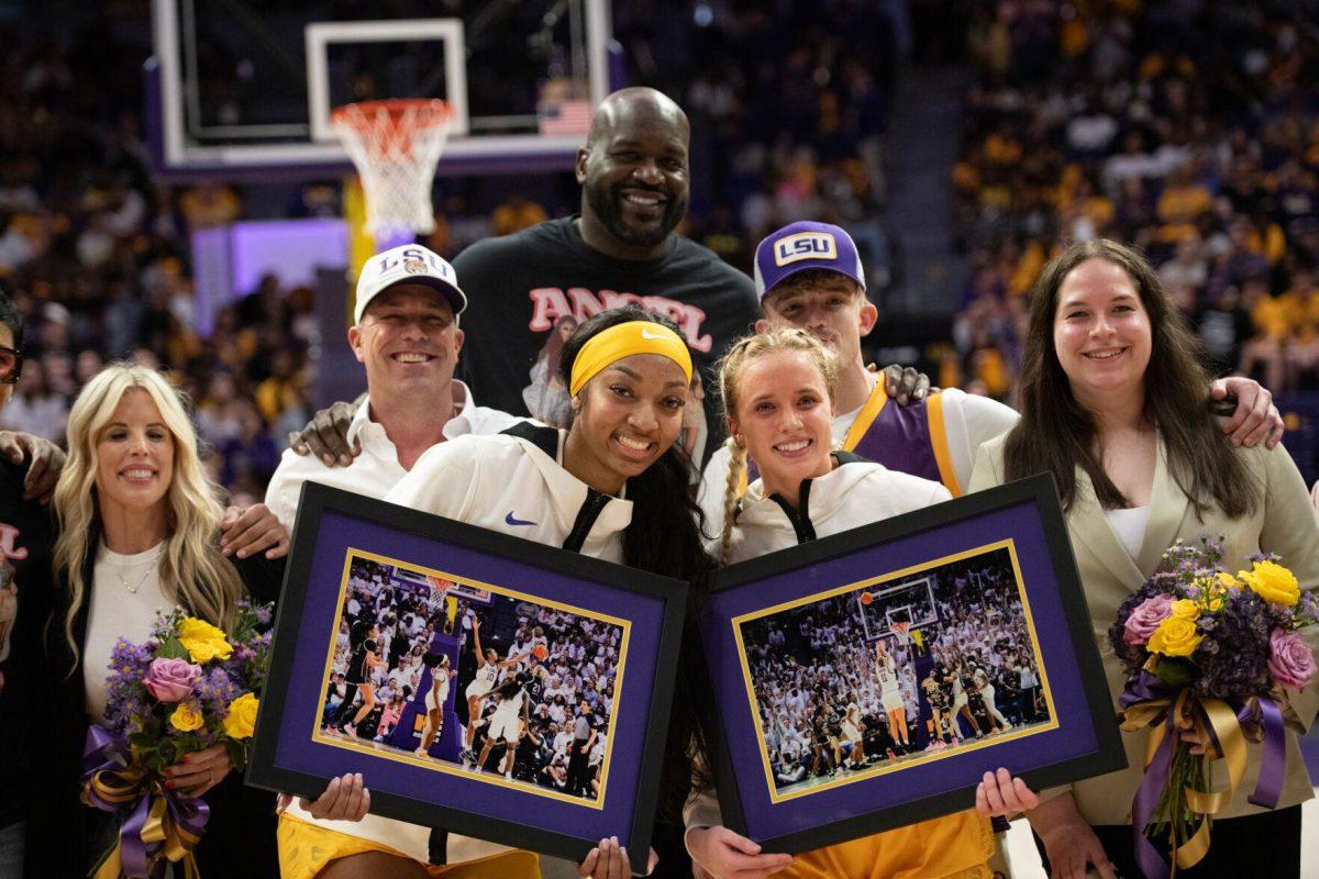 LSU women&#8217;s basketball junior forward Angel Reese (10) and graduate student guard Hailey Van Lith (11) pose for a photo at halftime Sunday, March 3, 2024, during LSU&#8217;s 77-56 win against Kentucky at the Pete Maravich Assembly Center in Baton Rouge, La.