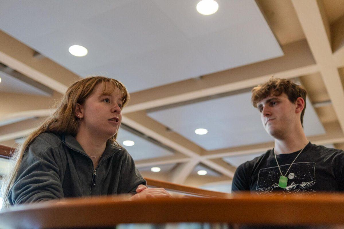 LSU mass communication junior Sydney Smith and political science junior John Michael Sweat answer interview questions Wednesday, March 6, 2024, inside the LSU Student Union in Baton Rouge, La.