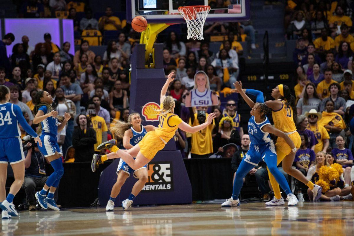 LSU women&#8217;s basketball graduate student guard Hailey Van Lith (11) dives for a shot Sunday, March 3, 2024, during LSU&#8217;s 77-56 win against Kentucky at the Pete Maravich Assembly Center in Baton Rouge, La.