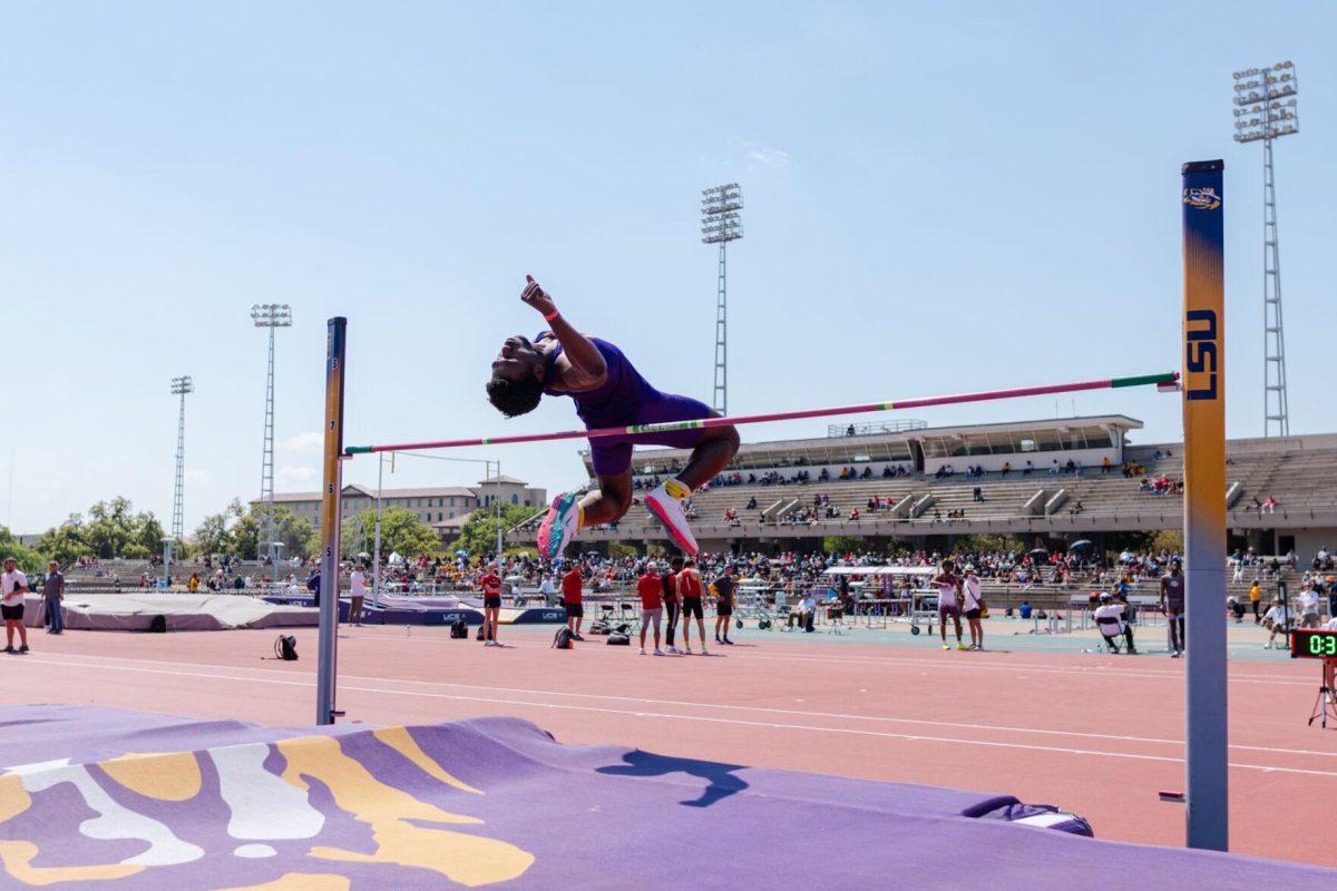 LSU track and field jumps freshman Isaac Onuoha competes in the high jump Saturday, March 23, 2024, during the Keyth Talley Invitational at the Bernie Moore Track Stadium in Baton Rouge, La.