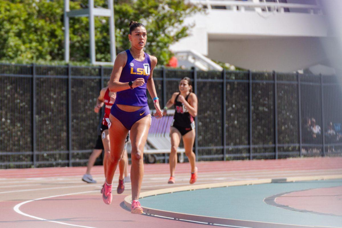 LSU track and field distance freshman Katie Johnson takes the final bend in the 600m Saturday, March 23, 2024, during the Keyth Talley Invitational at the Bernie Moore Track Stadium in Baton Rouge, La.