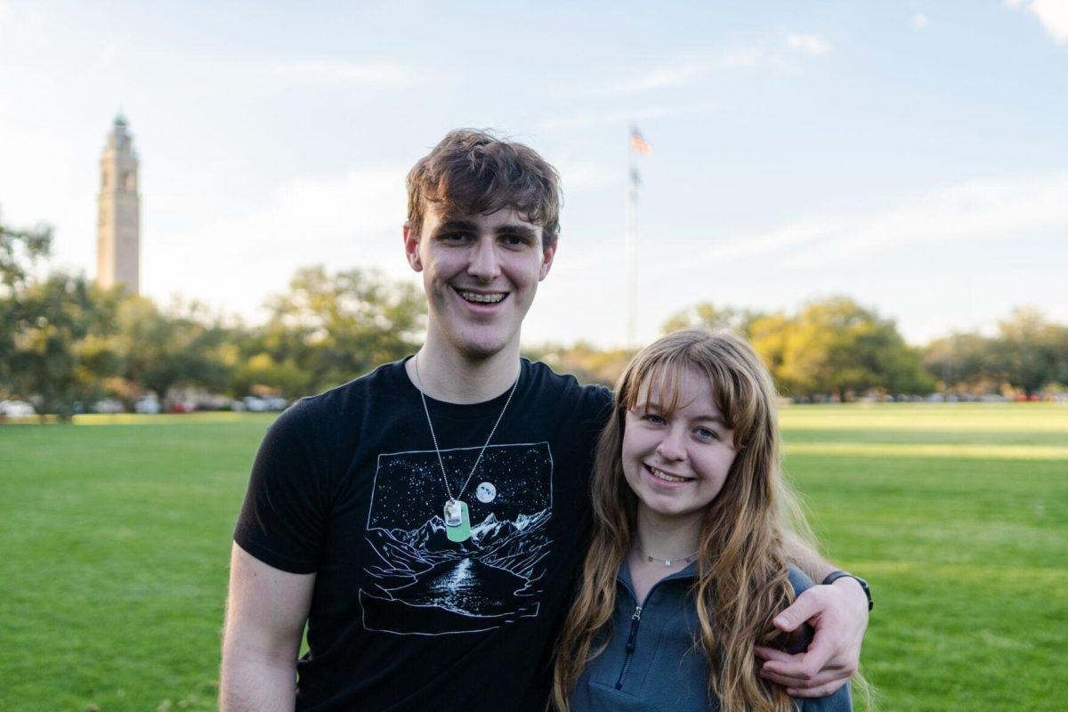 LSU mass communication junior Sydney Smith and political science junior John Michael Sweat pose for a photo Wednesday, March 6, 2024, on the LSU Parade Ground in Baton Rouge, La.