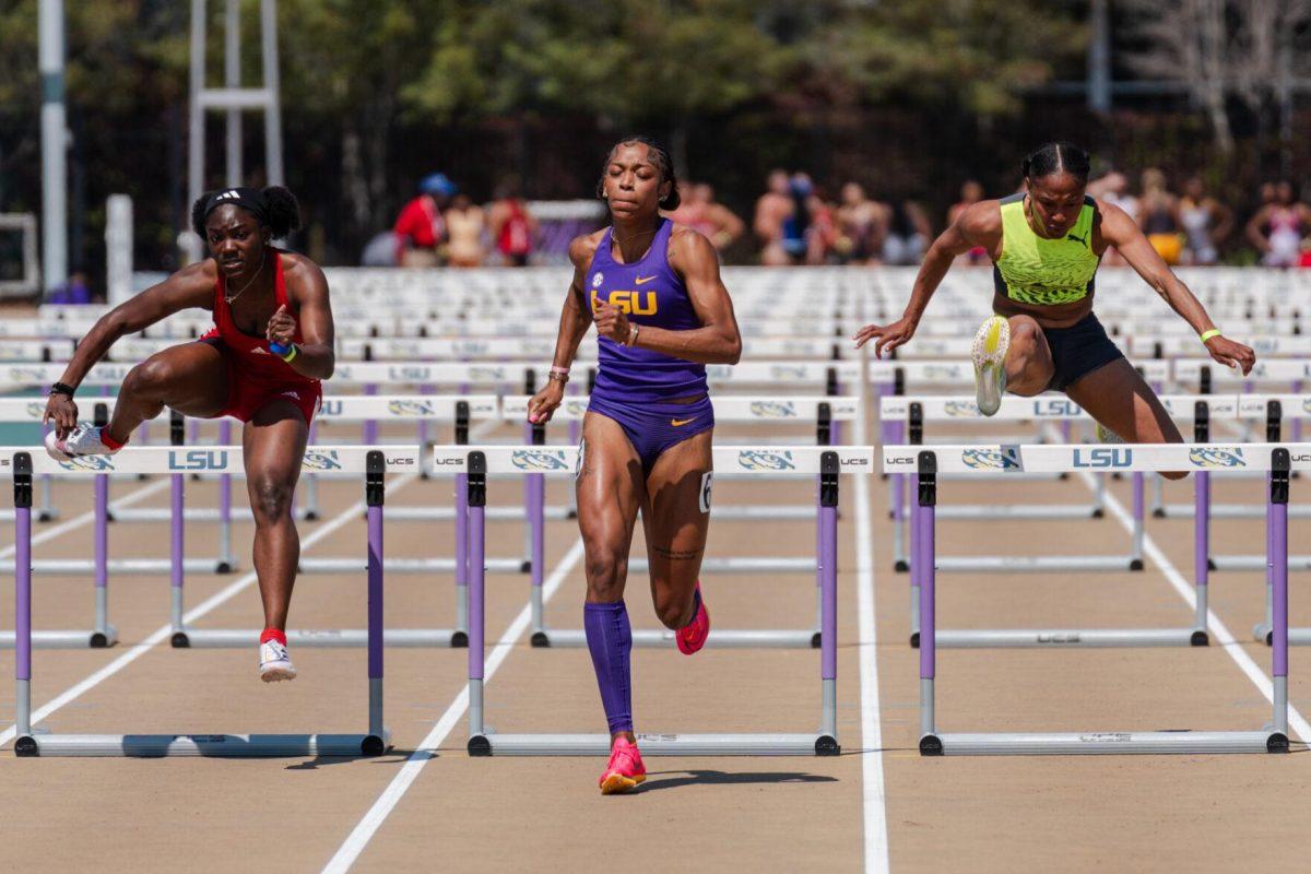 LSU track and field sprints senior Shani'a Bellamy dashes toward the finish line Saturday, March 23, 2024, during the Keyth Talley Invitational at the Bernie Moore Track Stadium in Baton Rouge, La.