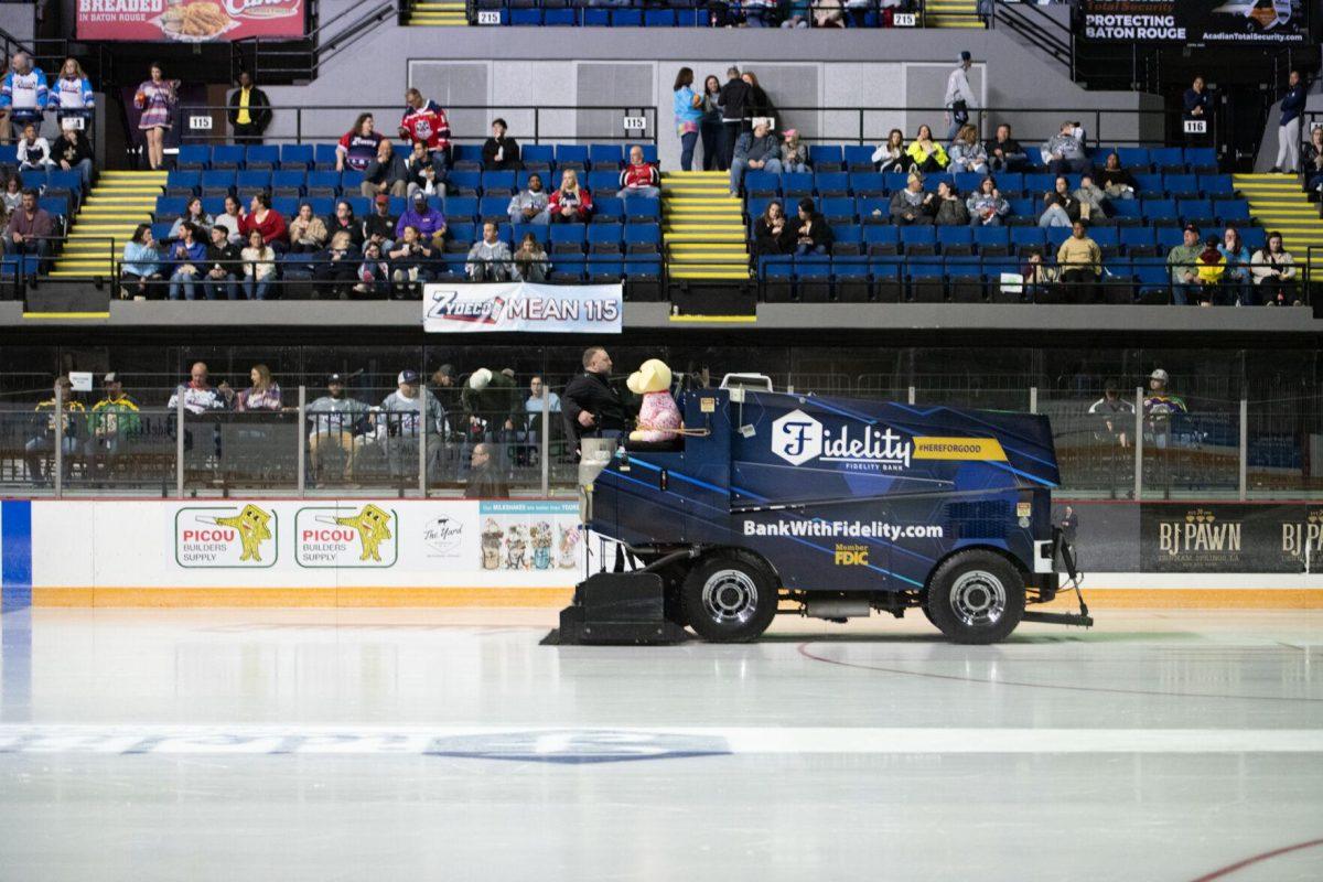 A Zamboni resurfaces the ice Thursday, Feb. 29, 2024, before Zydeco's 5-3 win against the Carolina Thunderbirds at the Raising Canes River Center in Baton Rouge, La.